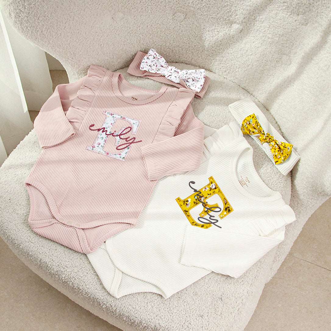 Personalized Baby Long Sleeve Onesies With Ruffled Shoulders And Bow Headband Walking Outfits For Girls - BabiChic