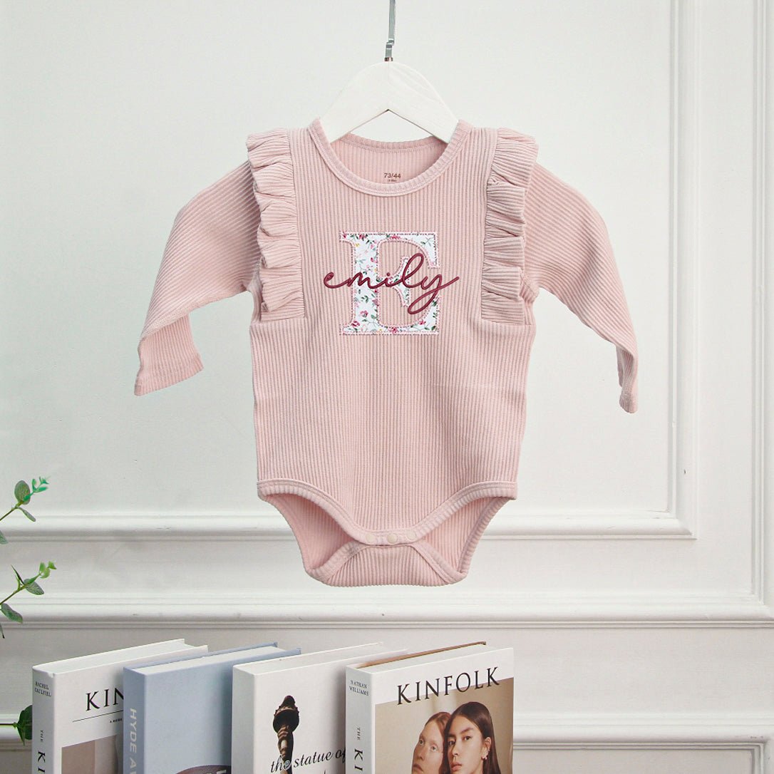 Personalized Baby Long Sleeve Onesies With Ruffled Shoulders And Bow Headband Walking Outfits For Girls - BabiChic