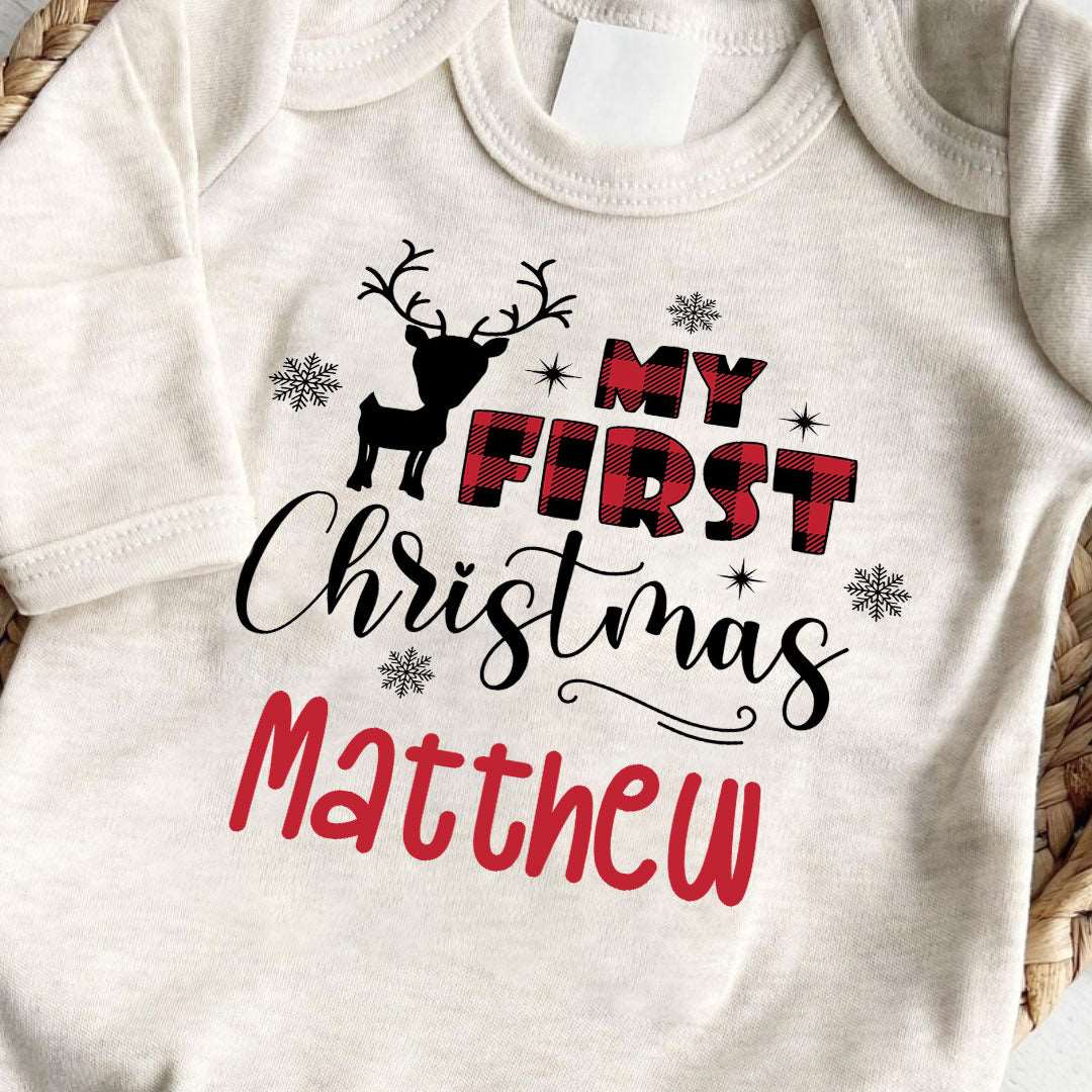 Personalized Baby Long Sleeve Romper with Reindeer & Red Plaid Gender Neutral Must Have For 1st My First Christmas Outfit - BabiChic