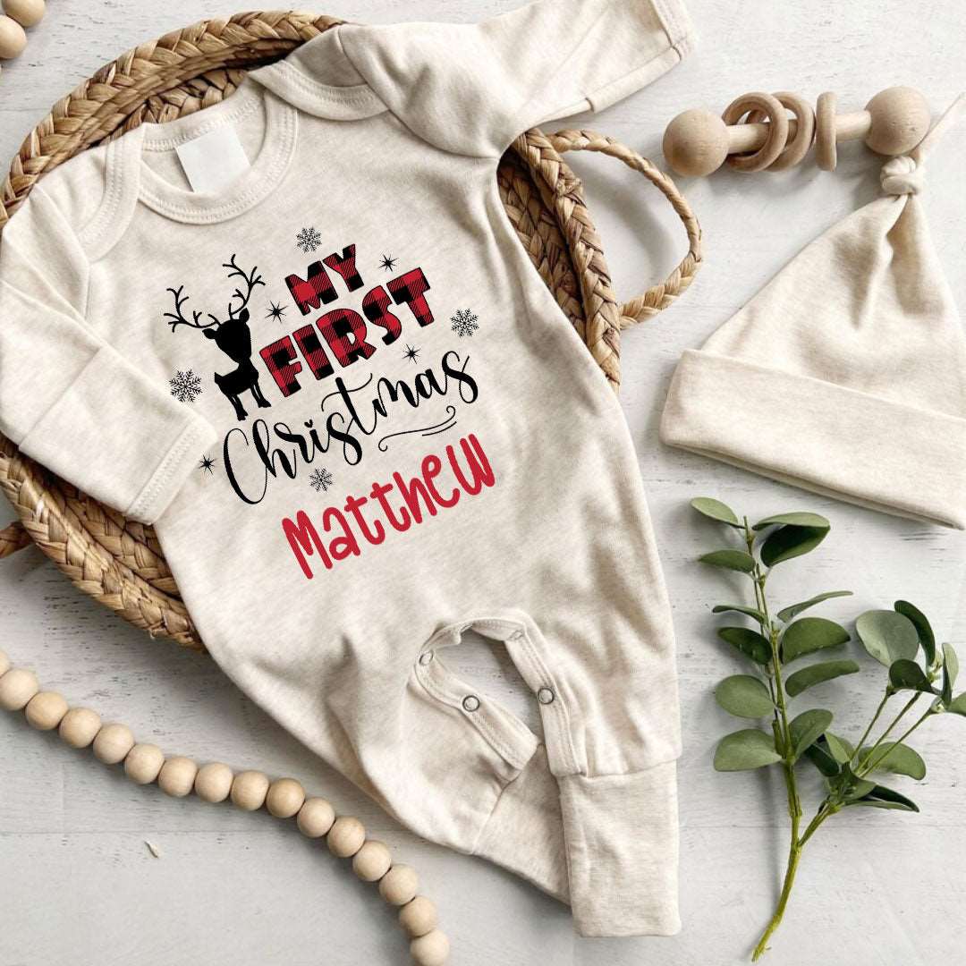 Personalized Baby Long Sleeve Romper with Reindeer & Red Plaid Gender Neutral Must Have For 1st My First Christmas Outfit - BabiChic