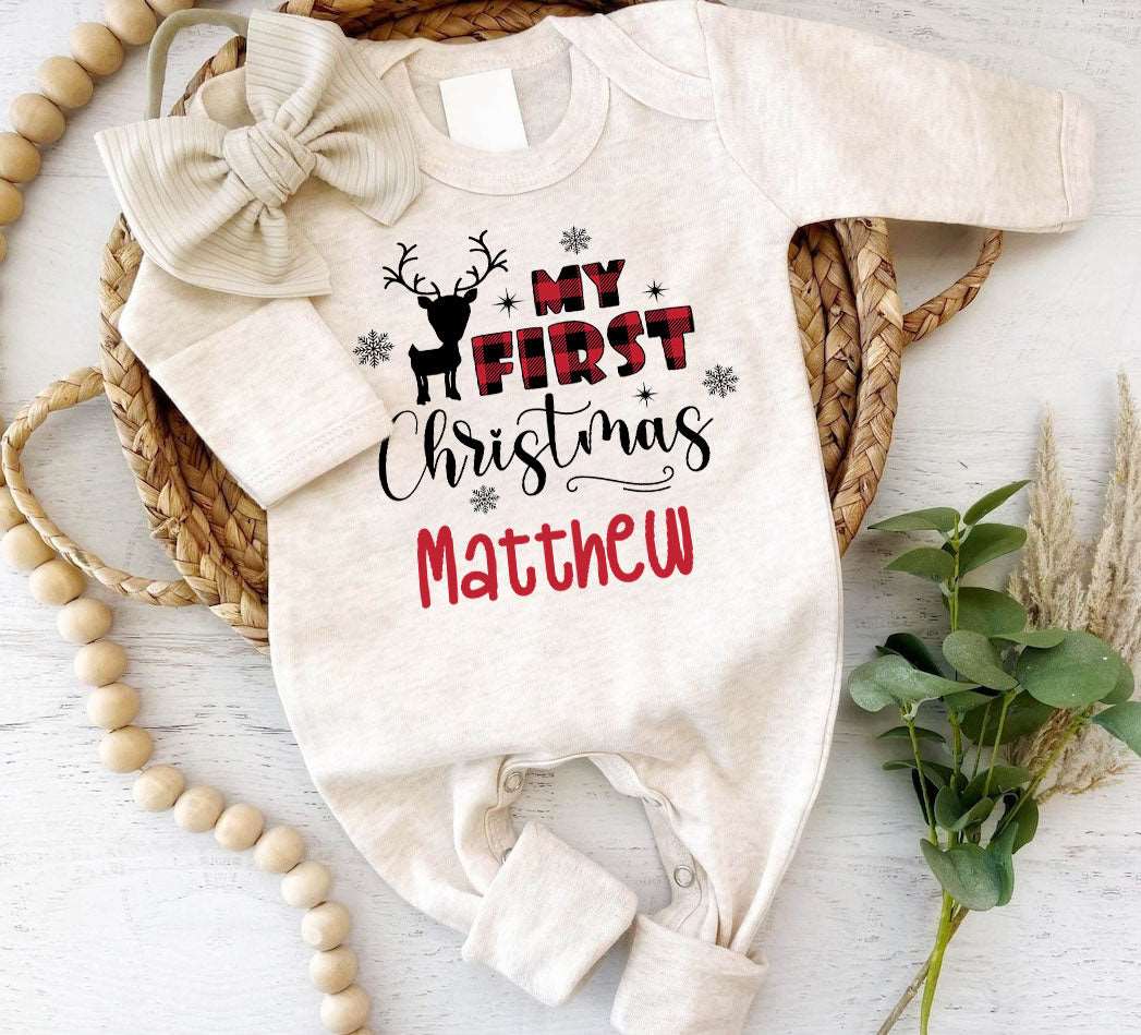 Personalized Baby Long Sleeve Romper with Reindeer & Red Plaid Gender Neutral Must Have For 1st My First Christmas Outfit - BabiChic