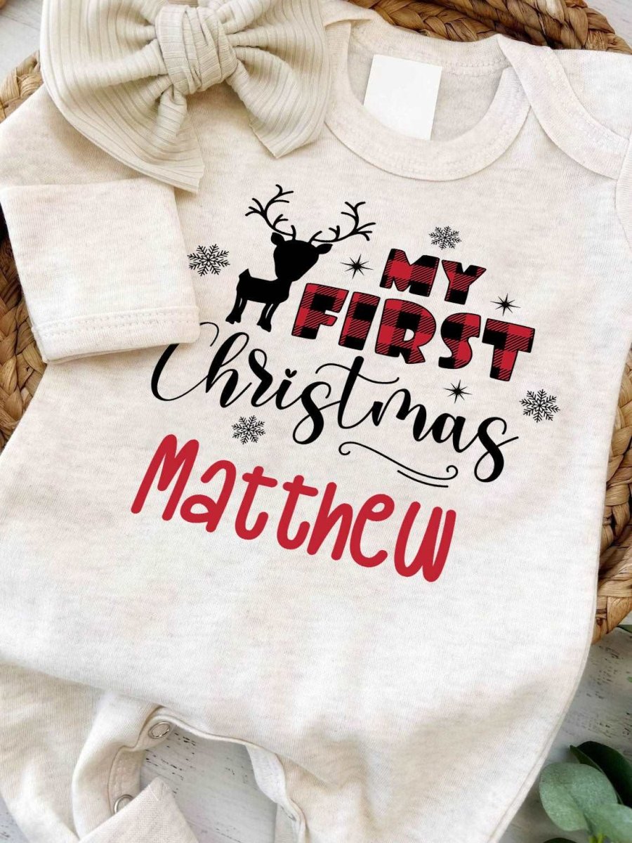 Personalized Baby Long Sleeve Romper with Reindeer & Red Plaid Gender Neutral Must Have For 1st My First Christmas Outfit - BabiChic