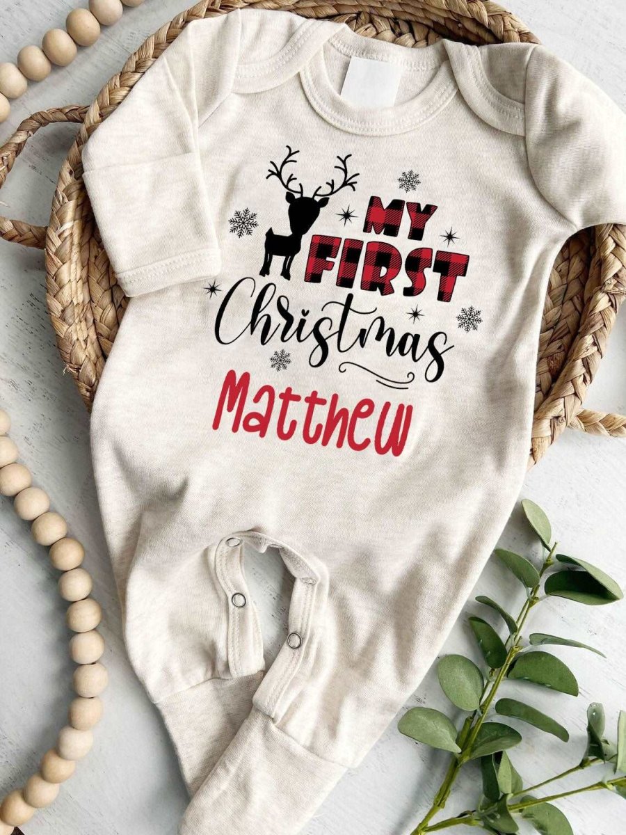 Personalized Baby Long Sleeve Romper with Reindeer & Red Plaid Gender Neutral Must Have For 1st My First Christmas Outfit - BabiChic