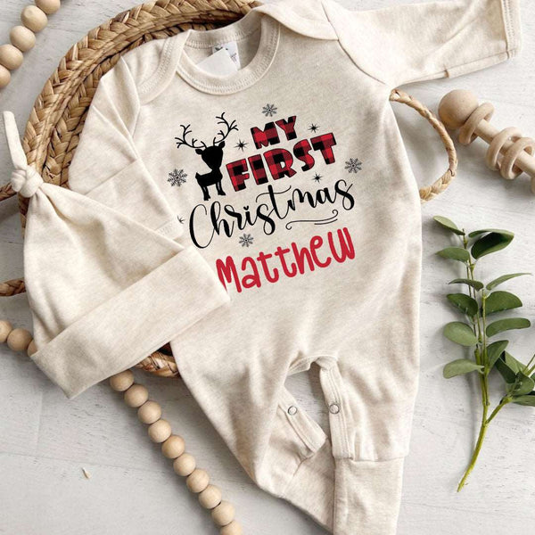 Personalized Baby Long Sleeve Romper with Reindeer & Red Plaid Gender Neutral Must Have For 1st My First Christmas Outfit - BabiChic