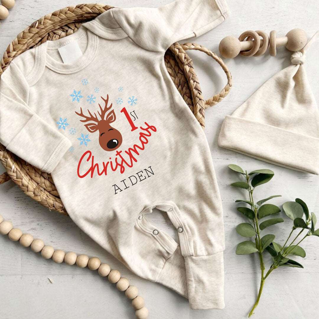 Personalized Baby Long Sleeve Romper with Reindeer & Snowflake For 1st My First Christmas Outfit Gender Neutral Must Have - BabiChic