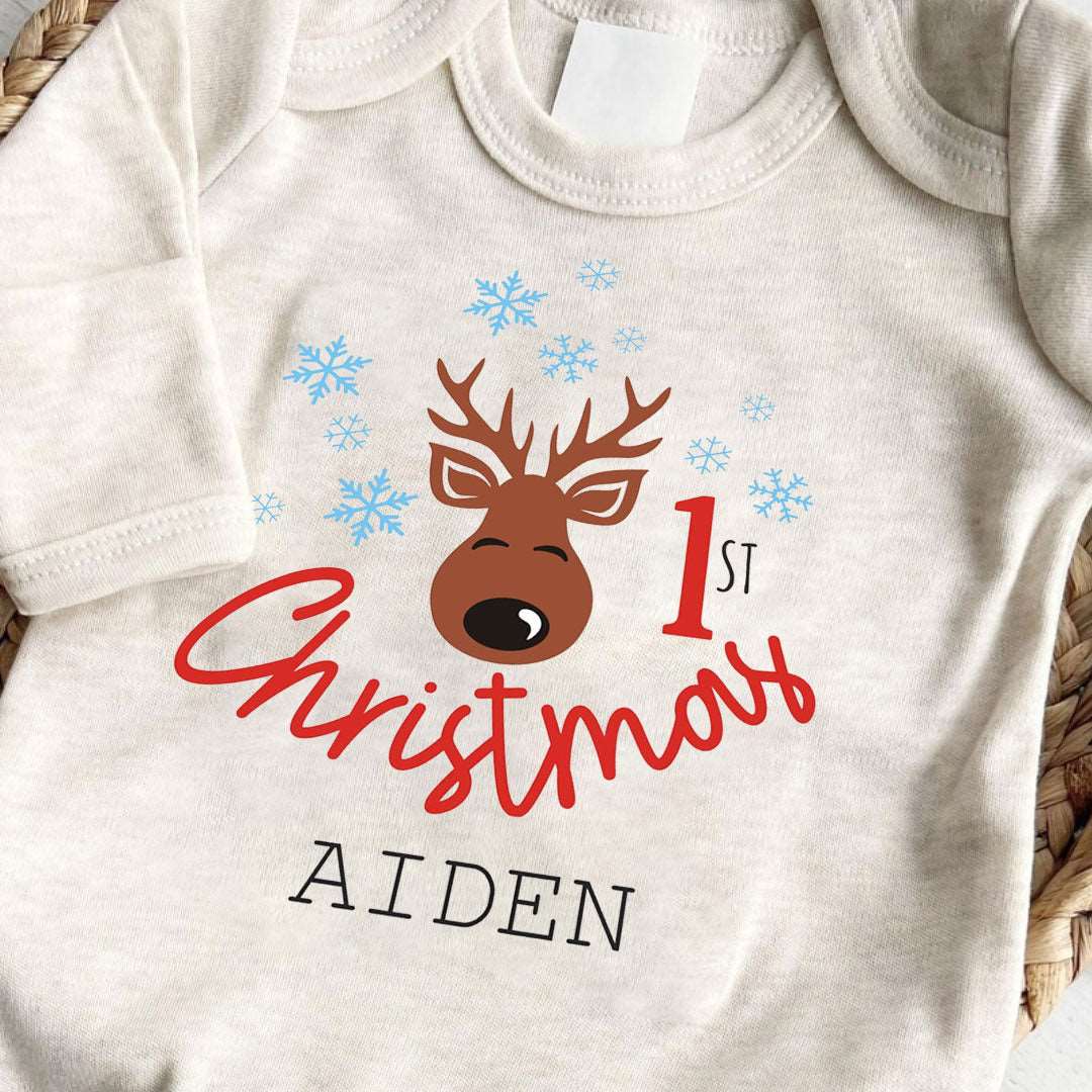 Personalized Baby Long Sleeve Romper with Reindeer & Snowflake For 1st My First Christmas Outfit Gender Neutral Must Have - BabiChic