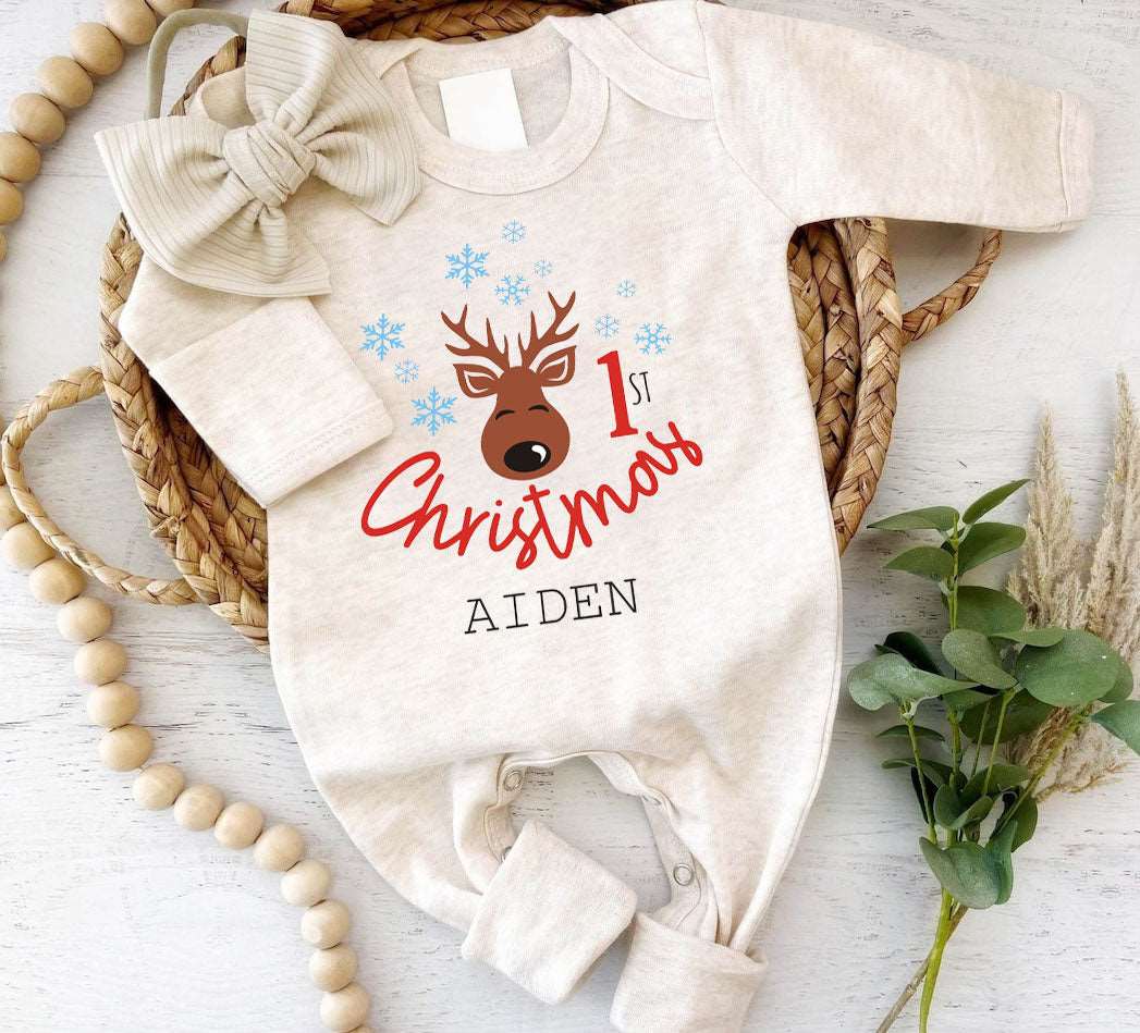 Personalized Baby Long Sleeve Romper with Reindeer & Snowflake For 1st My First Christmas Outfit Gender Neutral Must Have - BabiChic