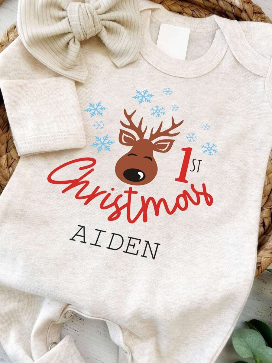 Personalized Baby Long Sleeve Romper with Reindeer & Snowflake For 1st My First Christmas Outfit Gender Neutral Must Have - BabiChic