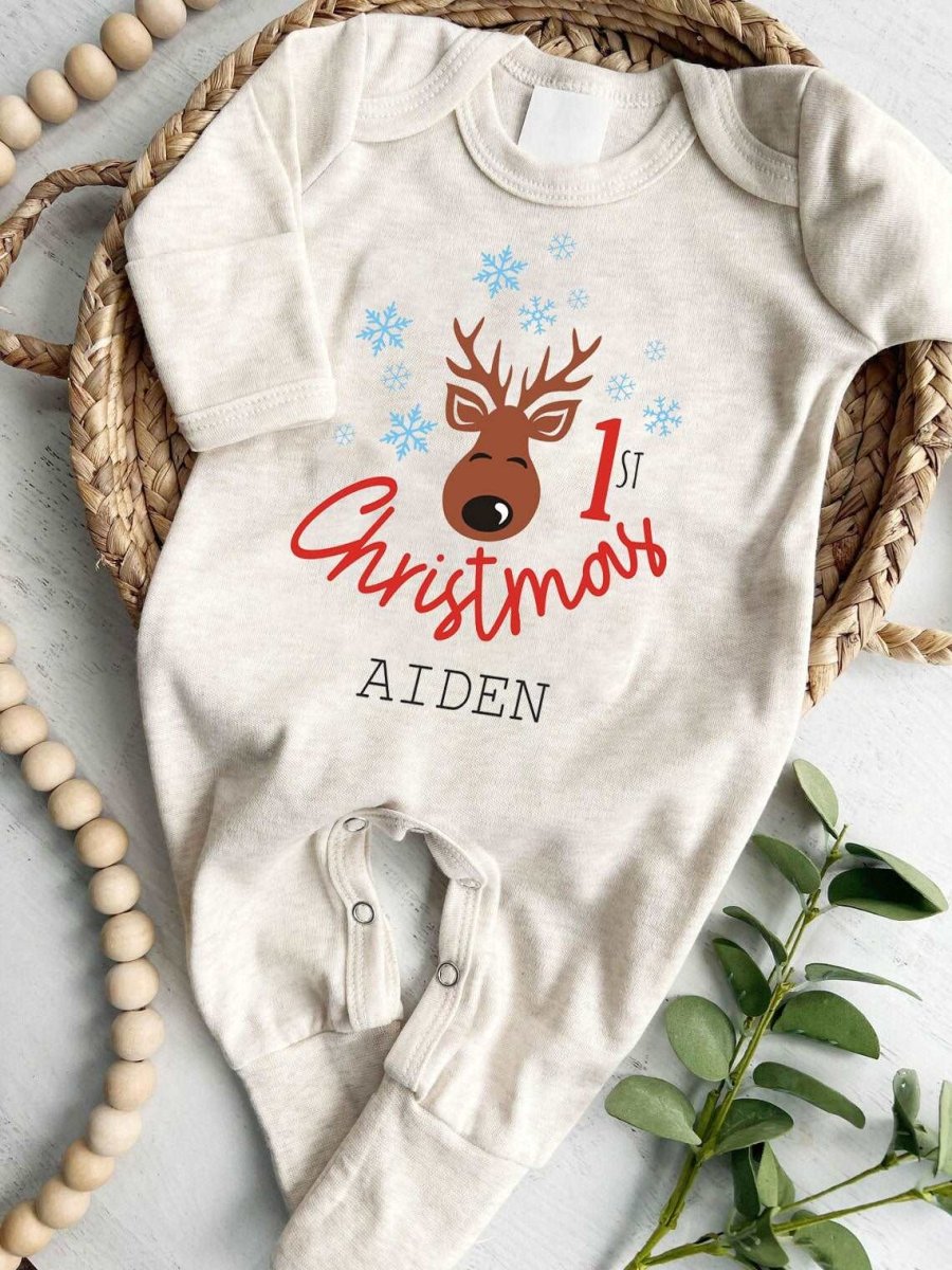 Personalized Baby Long Sleeve Romper with Reindeer & Snowflake For 1st My First Christmas Outfit Gender Neutral Must Have - BabiChic