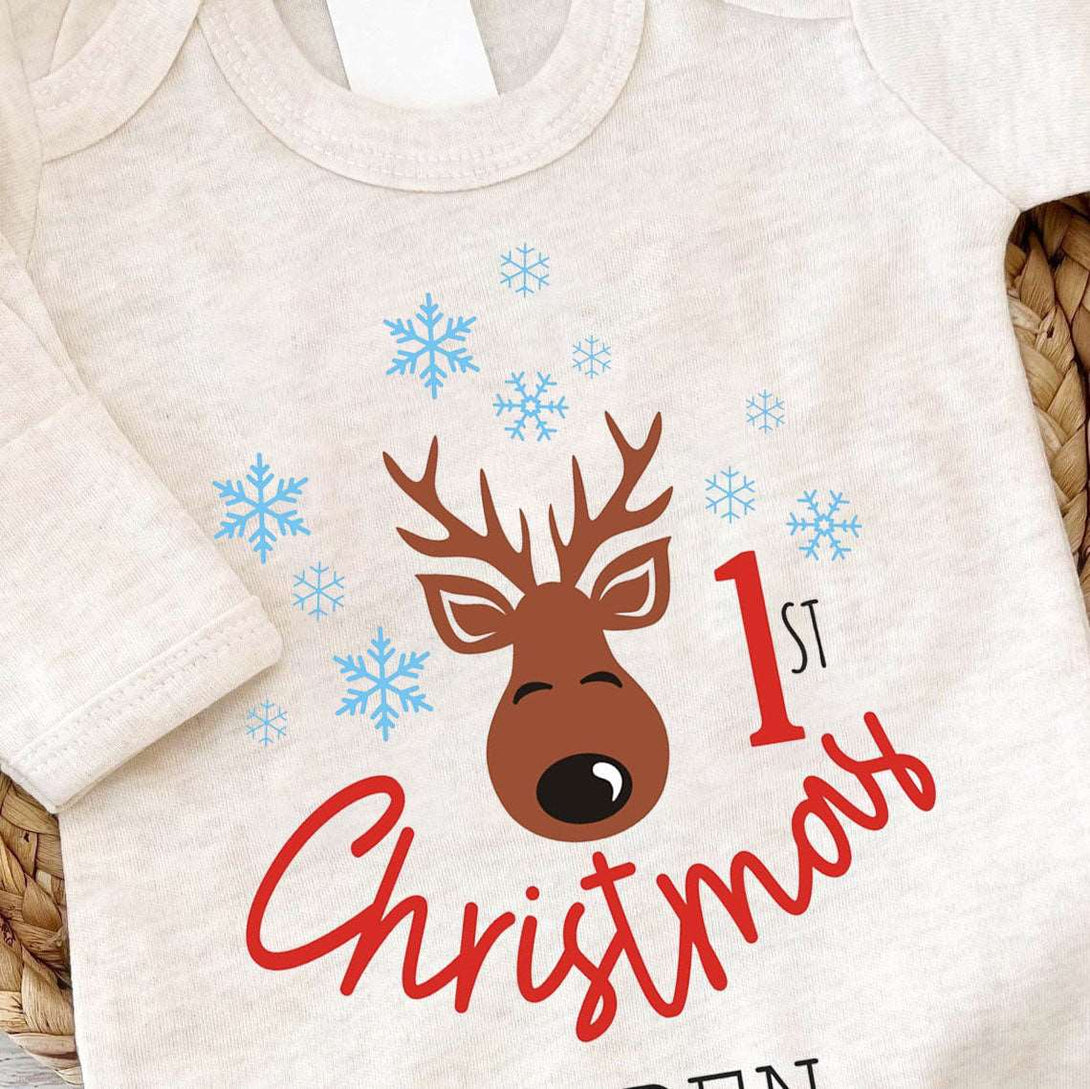 Personalized Baby Long Sleeve Romper with Reindeer & Snowflake For 1st My First Christmas Outfit Gender Neutral Must Have - BabiChic