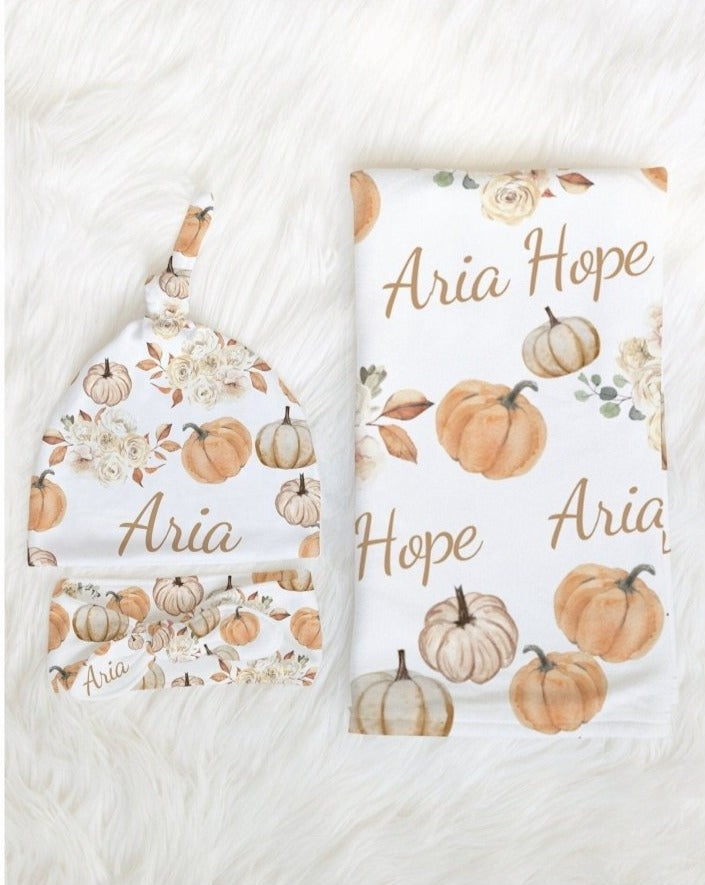 PERSONALIZED Baby Name Blanket, Pink & Orange Pumpkin Swaddle Baby Girl Coming Home Outfit Fall Gender Reveal Fall Baby Shower Gift Hospital - BabiChic