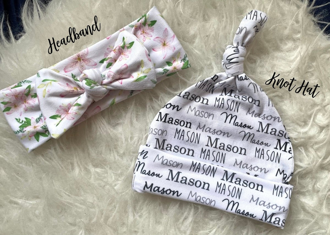 Personalized Baby Name Knot Hat and Swaddle Blanket Set, baby personalized name newborn hospital gift baby shower gift baby boy or baby girl - BabiChic