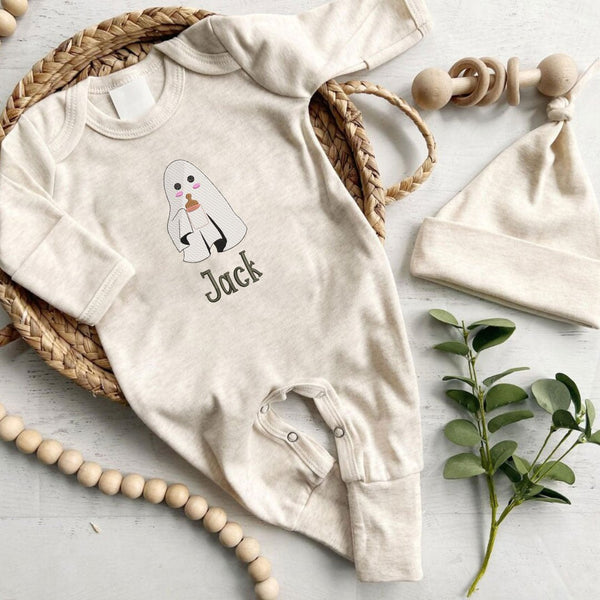 Personalized Baby Romper Embroidered Baby Name & Little Cute Ghost – Perfect for Newborn Halloween Outfit - BabiChic