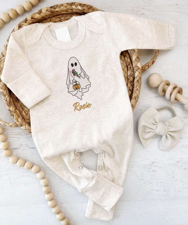 Personalized Baby Romper Embroidered Baby Name & Pumpkin Lantern – Halloween Costumes Outfit - BabiChic