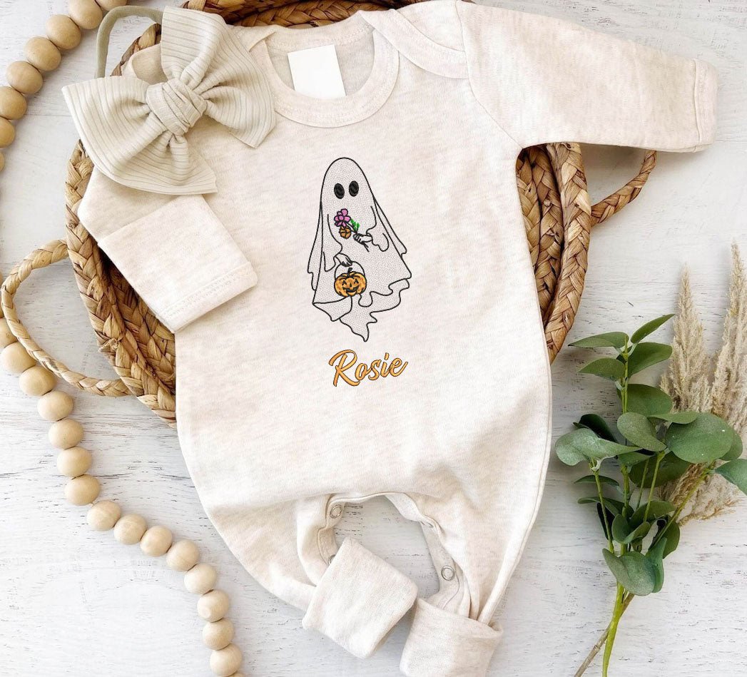 Personalized Baby Romper Embroidered Baby Name & Pumpkin Lantern – Halloween Costumes Outfit - BabiChic