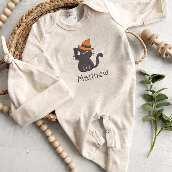 Personalized Baby Romper Embroidered Baby's Name & Cute Black Cat – Perfect For Newborn Halloween Costumes Outfit - BabiChic