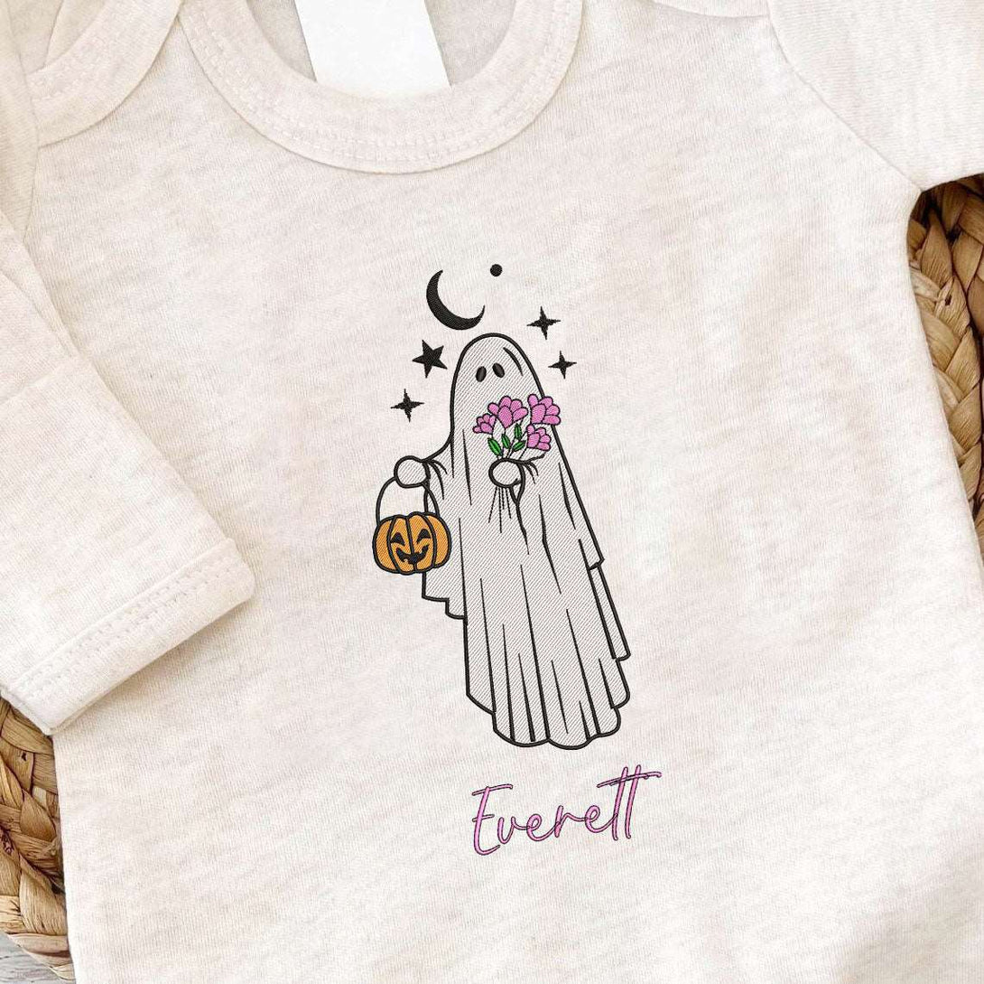 Personalized Baby Romper Embroidered Name & Little Ghost Holding Pumpkin Lantern, Halloween Costumes Outfit - BabiChic