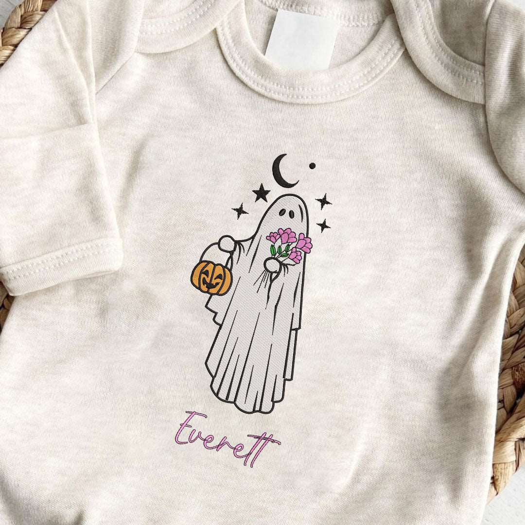 Personalized Baby Romper Embroidered Name & Little Ghost Holding Pumpkin Lantern, Halloween Costumes Outfit - BabiChic