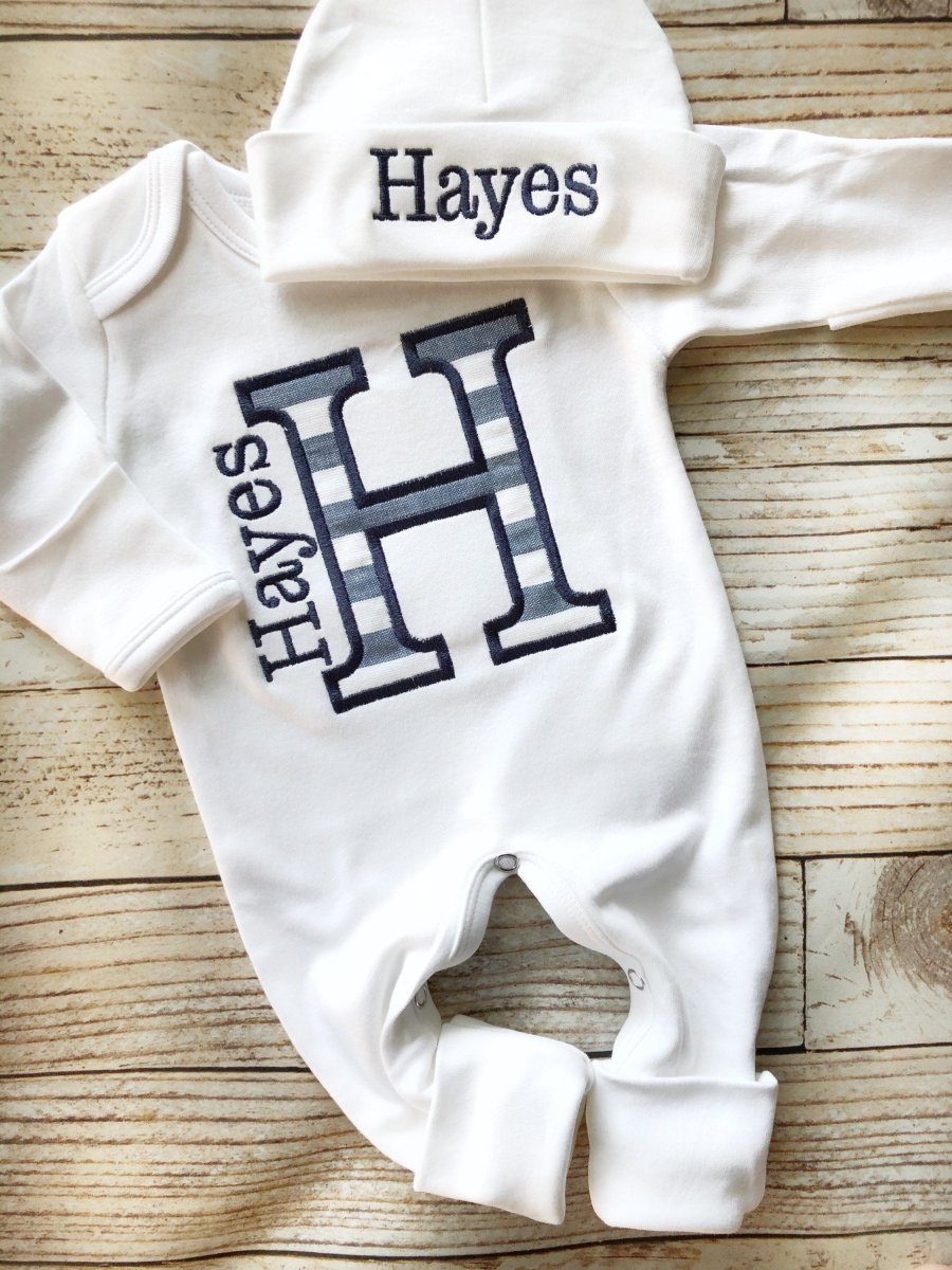 Personalized Baby Romper & Hat Set, Custom Infant Boy Coming Home Outfit, Gray Sleeper With Footies - BabiChic