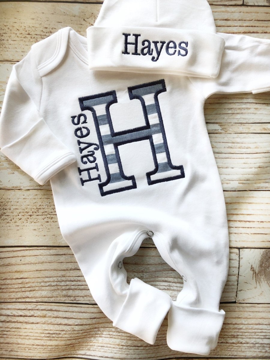 Personalized Baby Romper & Hat Set, Custom Infant Boy Coming Home Outfit, Gray Sleeper With Footies - BabiChic