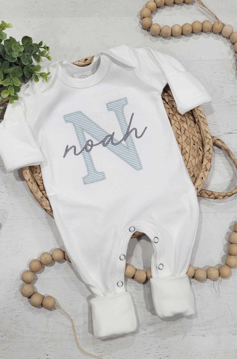 Personalized Baby Romper & Hat Set, Custom Infant Boy Coming Home Outfit, Oatmeal Sleeper With Footies - BabiChic