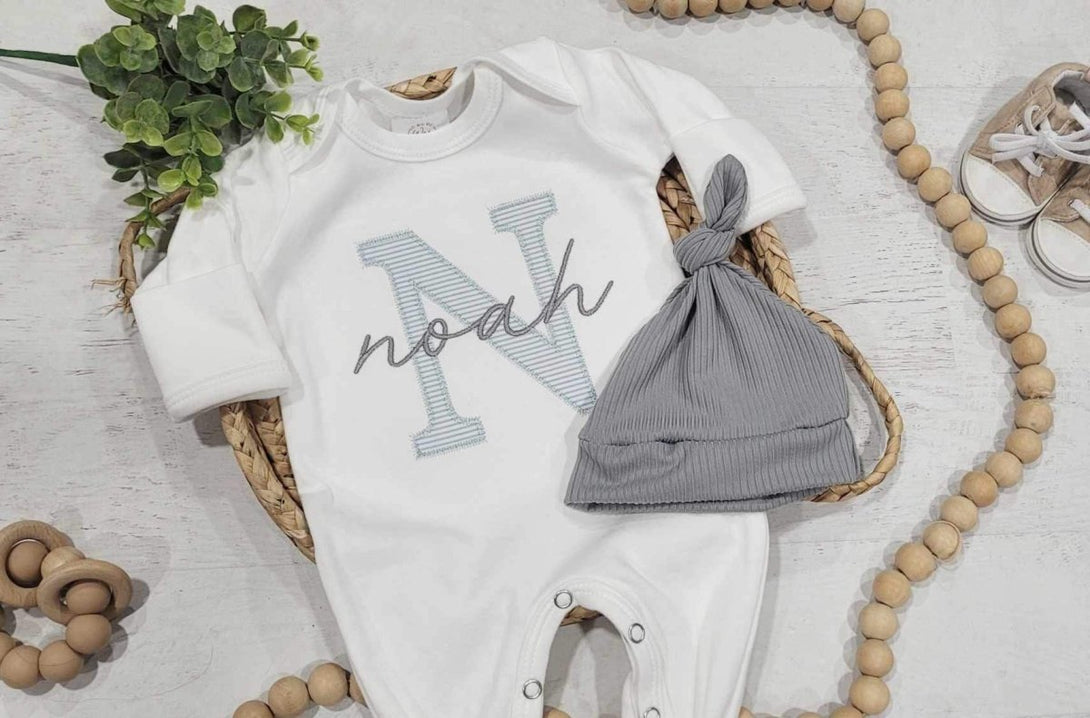 Personalized Baby Romper & Hat Set, Custom Infant Boy Coming Home Outfit, Oatmeal Sleeper With Footies - BabiChic