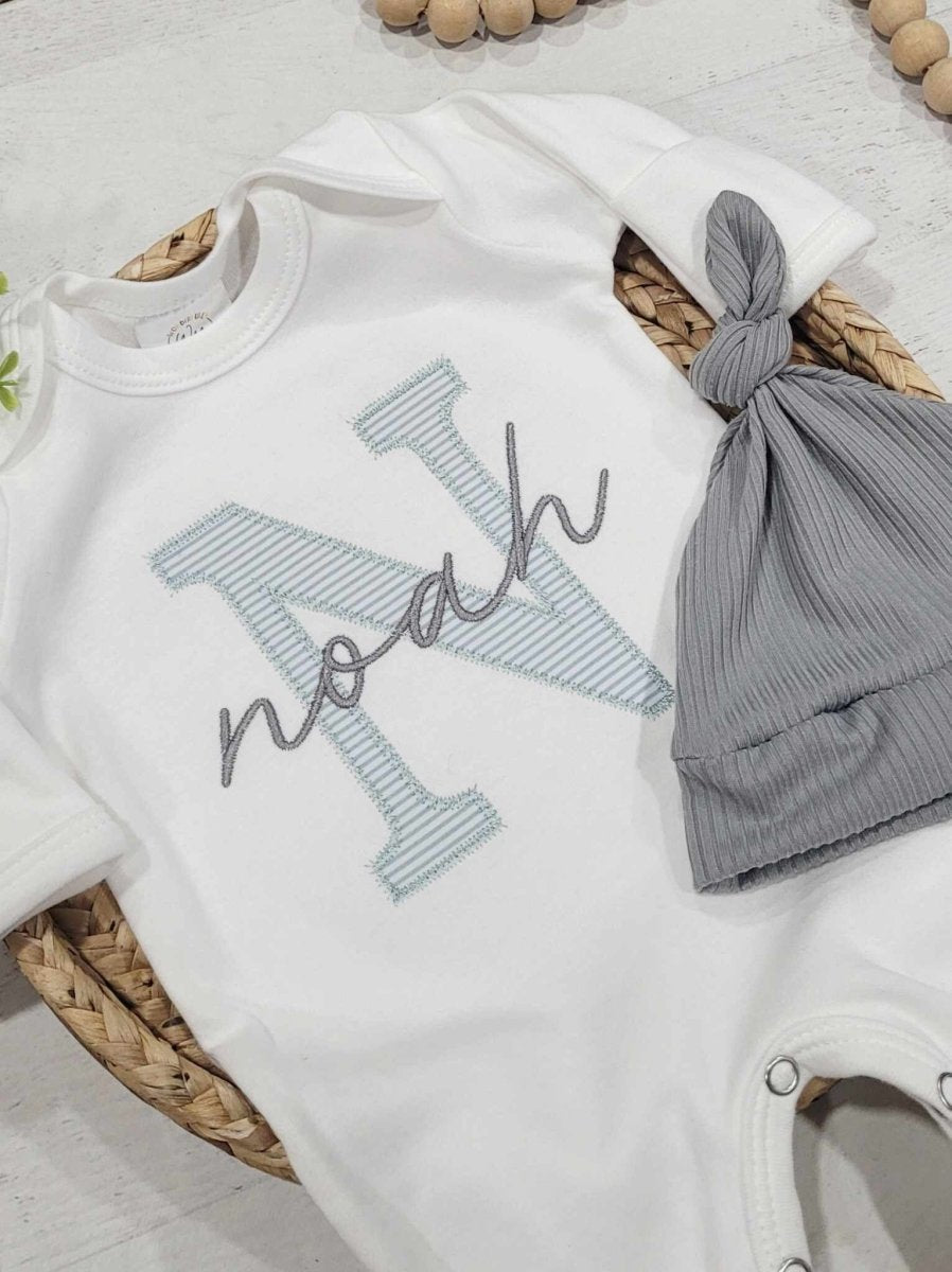 Personalized Baby Romper & Hat Set, Custom Infant Boy Coming Home Outfit, Oatmeal Sleeper With Footies - BabiChic