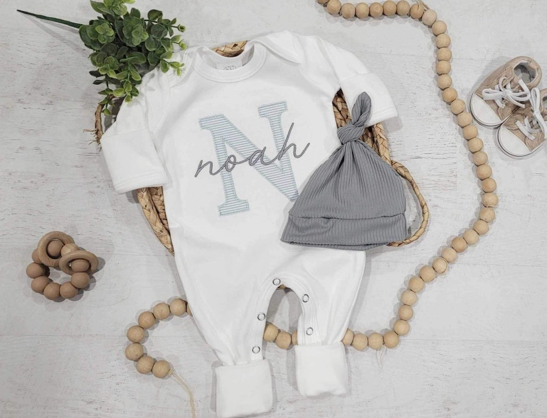 Personalized Baby Romper & Hat Set, Custom Infant Boy Coming Home Outfit, Oatmeal Sleeper With Footies - BabiChic