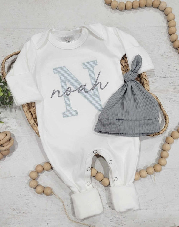 Personalized Baby Romper & Hat Set, Custom Infant Boy Coming Home Outfit, Oatmeal Sleeper With Footies - BabiChic