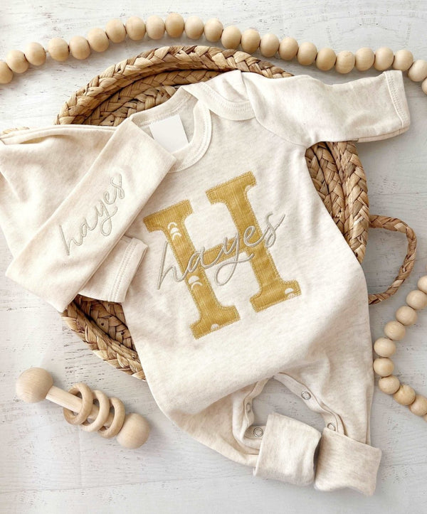 Personalized Baby Romper & Hat Set, Wheat & Honey Coming Home Outfit, Baby Shower Gift, Sleeper with Footie - BabiChic