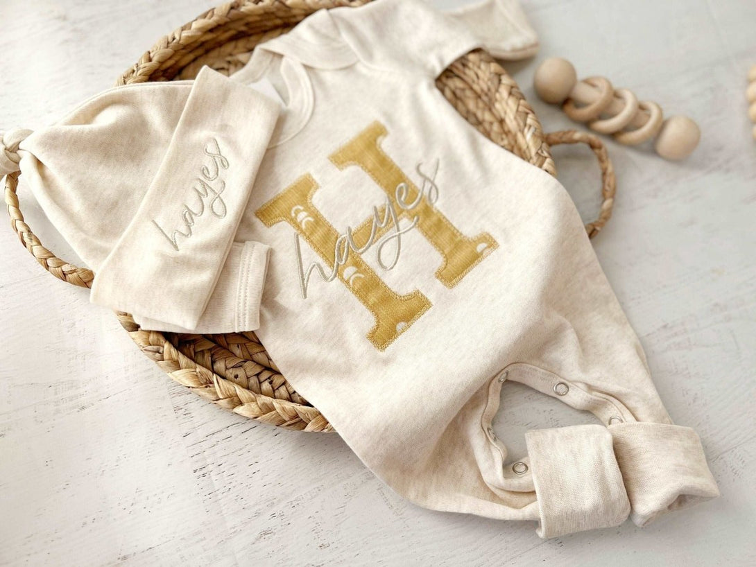 Personalized Baby Romper & Hat Set, Wheat & Honey Coming Home Outfit, Baby Shower Gift, Sleeper with Footie - BabiChic