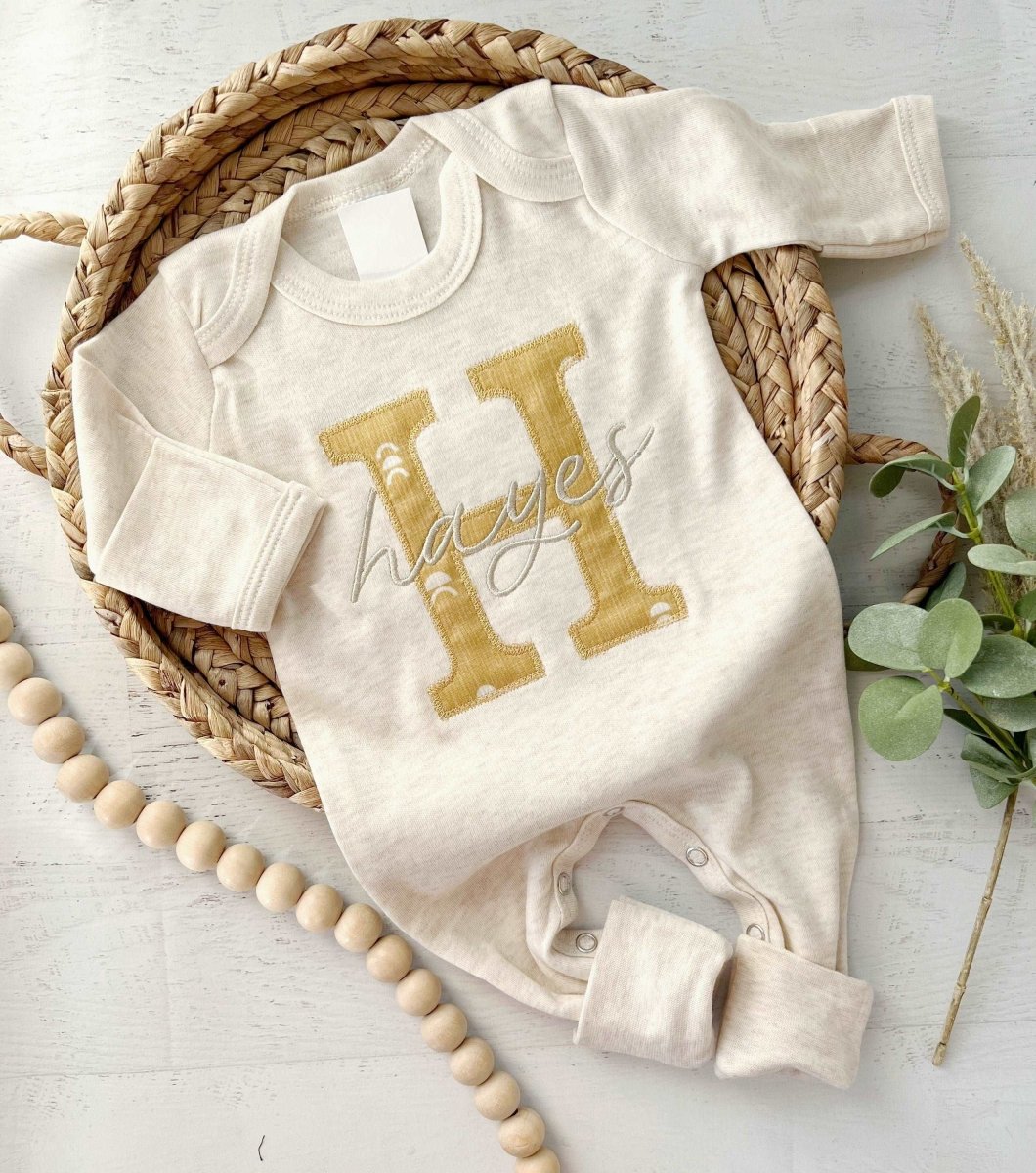 Personalized Baby Romper & Hat Set, Wheat & Honey Coming Home Outfit, Baby Shower Gift, Sleeper with Footie - BabiChic