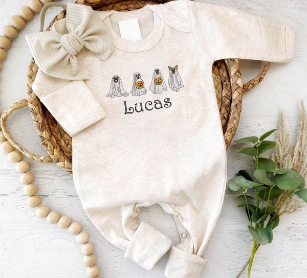 Personalized Baby Romper With Embroidered Baby's Name & Cute Ghost Dog – Perfect for My First Funny Halloween - BabiChic