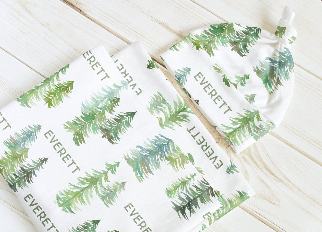 Personalized Baby Swaddle Blanket - Pine Trees - BabiChic