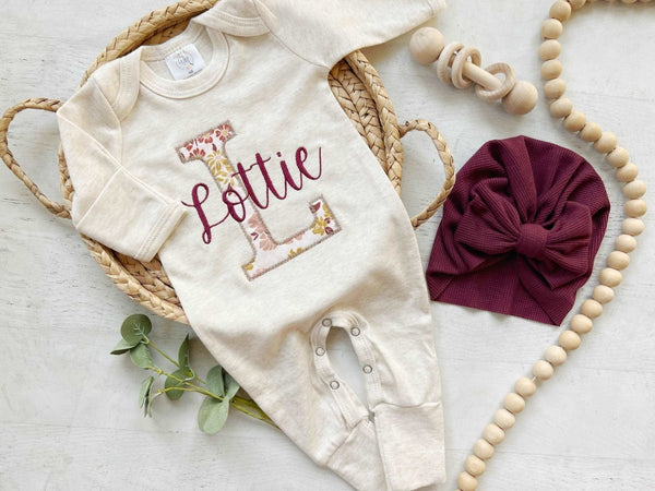 Personalized Baby Winter Romper And Turban Set, Custom Name Coming home outfit, Sleeper With Footies - BabiChic