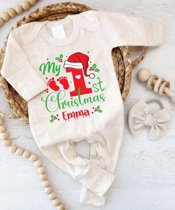 Personalized Baby Winter Romper My First 1st Christmas Outfit Sleeper With Footies Custom Infant Outfit - BabiChic