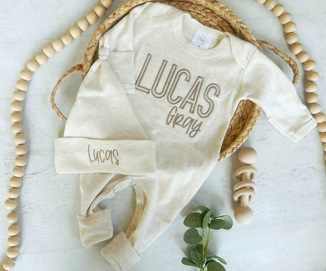 Personalized Beige Newborn Coming Home Outfit For Baby Boy, Baby Boy Outfit, Custom Gift For Baby Newborn - BabiChic