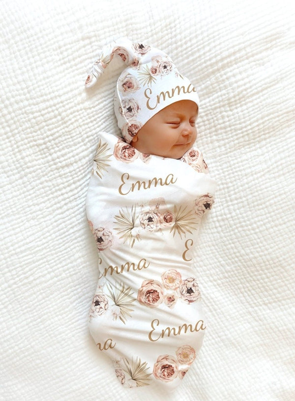 PERSONALIZED Boho Floral Custom Baby Name Blanket, Caramel Baby Girl Personalized Shower Gift Swaddle Newborn Coming Home Outfit Hospital - BabiChic