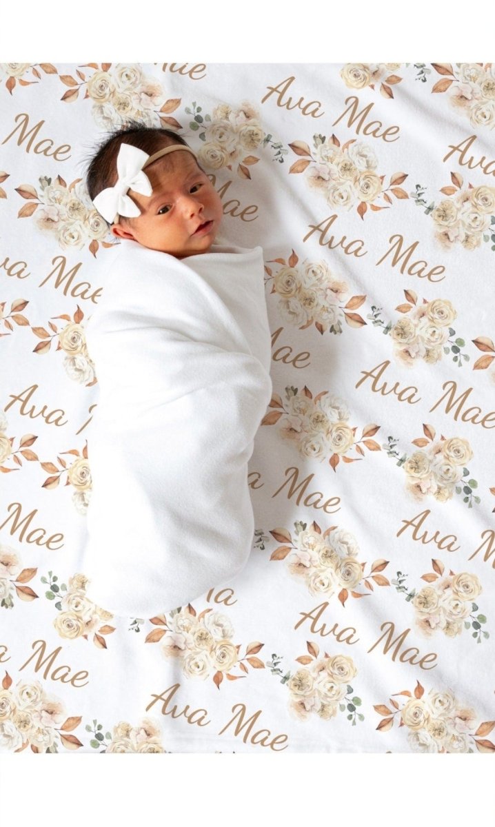 PERSONALIZED BOHO Floral Swaddle Blanket Newborn Baby Girl Take Home Outfit Flower Baby Shower Gift Hospital Photo Outfit Bohemian Swaddle - BabiChic