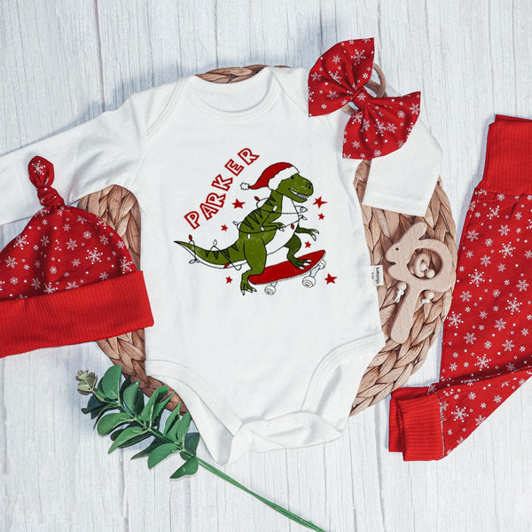 Personalized Christmas Baby Boy Long Sleeve Bodysuit and Long Pants Set | Custom Baby Onesies Dinosaur Retro First Christmas Baby Name - BabiChic