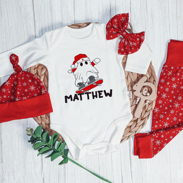 Personalized Christmas Baby Boy Long Sleeve Bodysuit and Long Pants Set | Custom Newborn Onesie Ghost Creep It Reel Baby Name - BabiChic