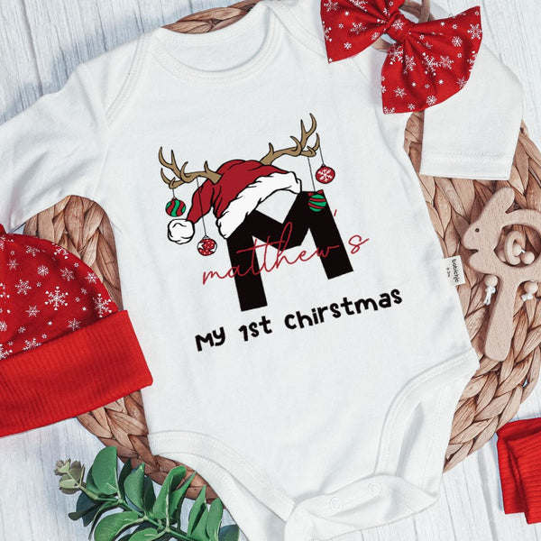 Personalized Christmas Baby Boy Long Sleeve Bodysuit and Long Pants Set | Custom Newborn Onesie Monogram Santa Hat Reindeer Antler Baby Name | Cute Onesies - BabiChic