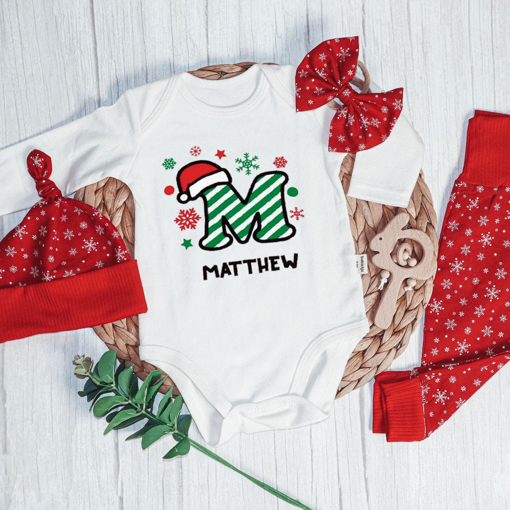 Personalized Christmas Baby Boy Onesies and Long Pants Set | Custom Infant Onesie Monogram Santa Hat Candy Cane Baby Name - BabiChic