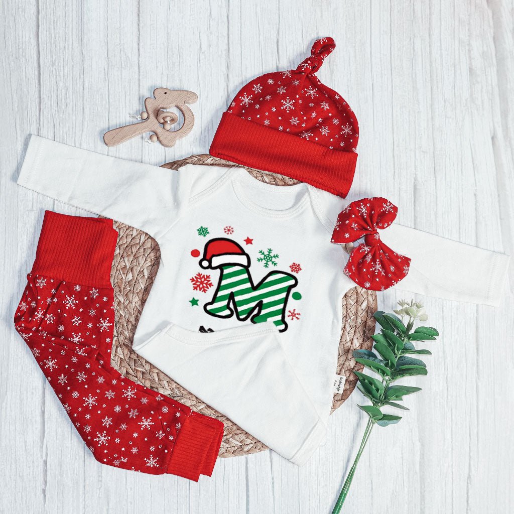 Personalized Christmas Baby Boy Onesies and Long Pants Set | Custom Infant Onesie Monogram Santa Hat Candy Cane Baby Name - BabiChic