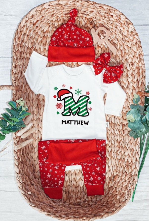 Personalized Christmas Baby Boy Onesies and Long Pants Set | Custom Infant Onesie Monogram Santa Hat Candy Cane Baby Name - BabiChic