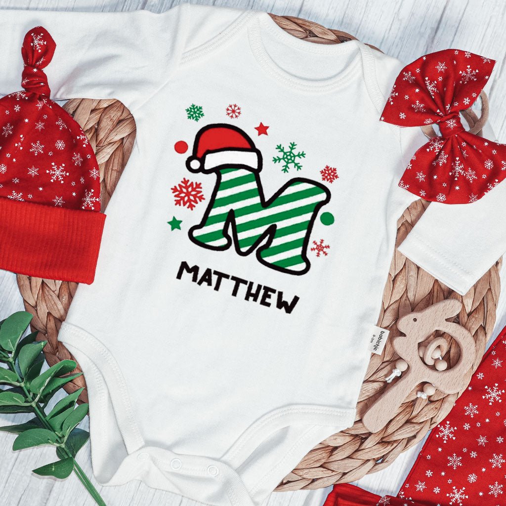 Personalized Christmas Baby Boy Onesies and Long Pants Set | Custom Infant Onesie Monogram Santa Hat Candy Cane Baby Name - BabiChic