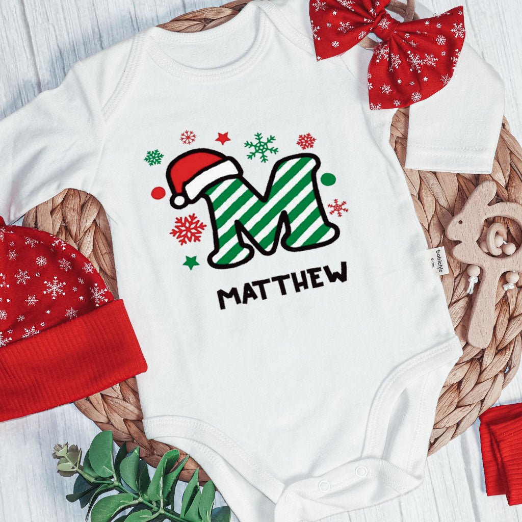 Personalized Christmas Baby Boy Onesies and Long Pants Set | Custom Infant Onesie Monogram Santa Hat Candy Cane Baby Name - BabiChic