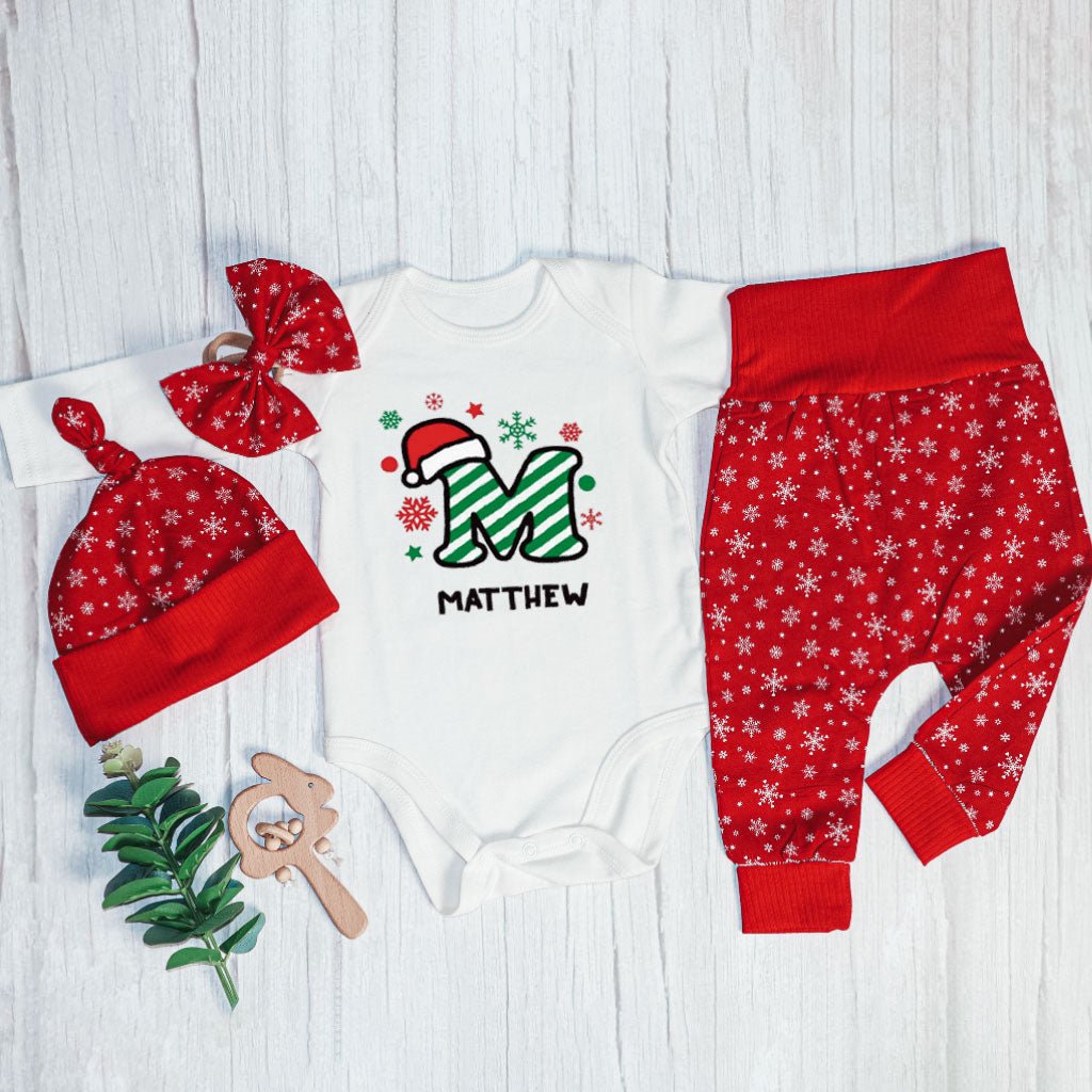 Personalized Christmas Baby Boy Onesies and Long Pants Set | Custom Infant Onesie Monogram Santa Hat Candy Cane Baby Name - BabiChic