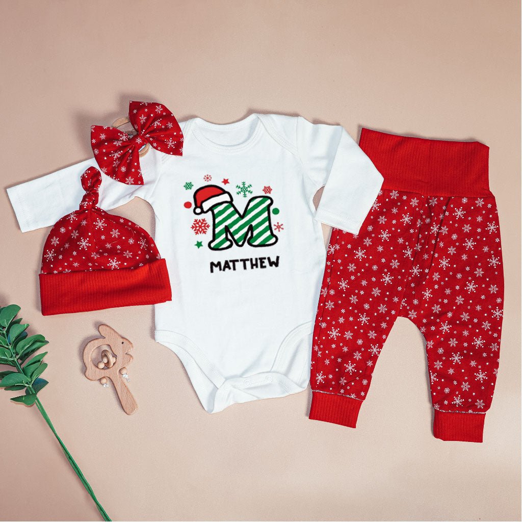 Personalized Christmas Baby Boy Onesies and Long Pants Set | Custom Infant Onesie Monogram Santa Hat Candy Cane Baby Name - BabiChic