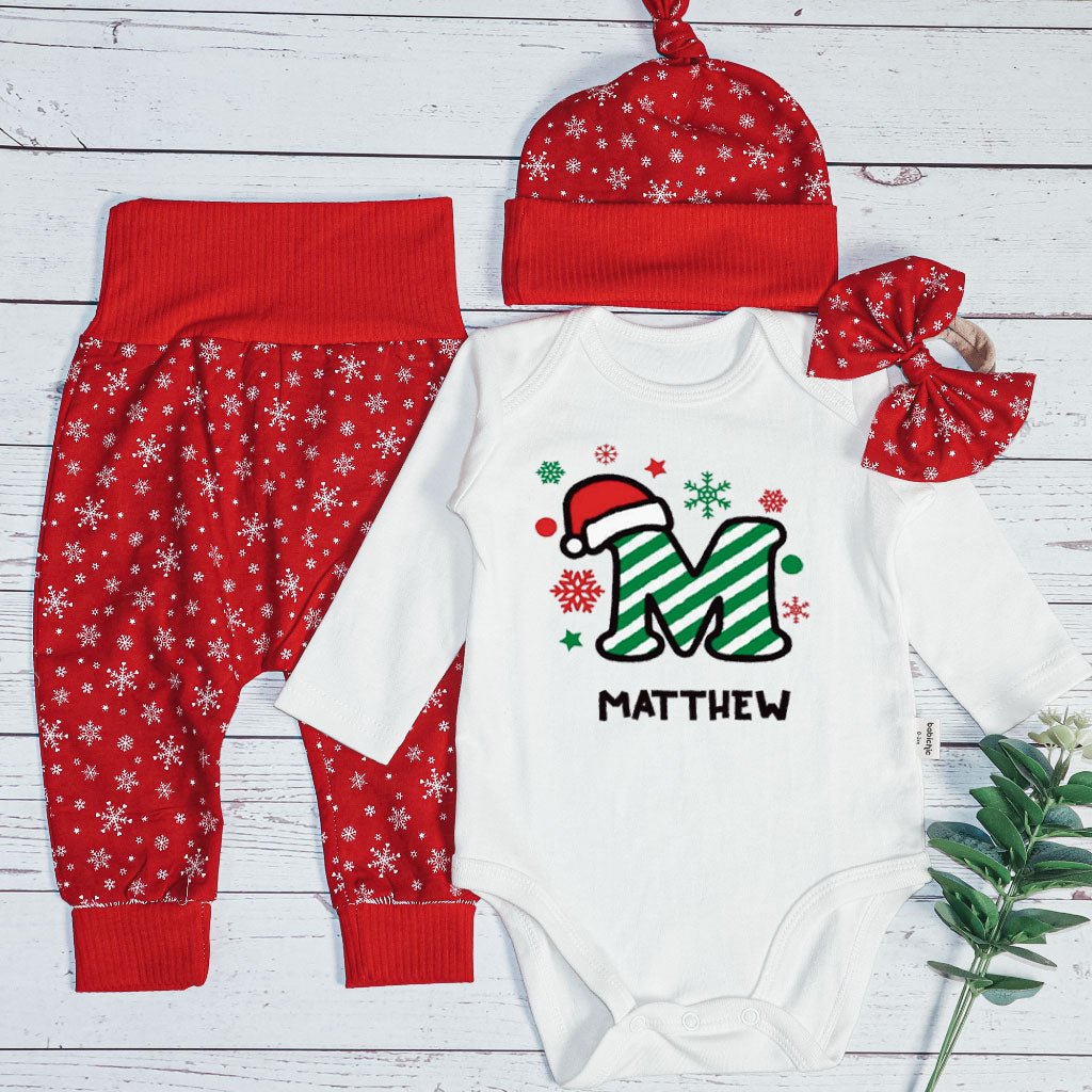 Personalized Christmas Baby Boy Onesies and Long Pants Set | Custom Infant Onesie Monogram Santa Hat Candy Cane Baby Name - BabiChic